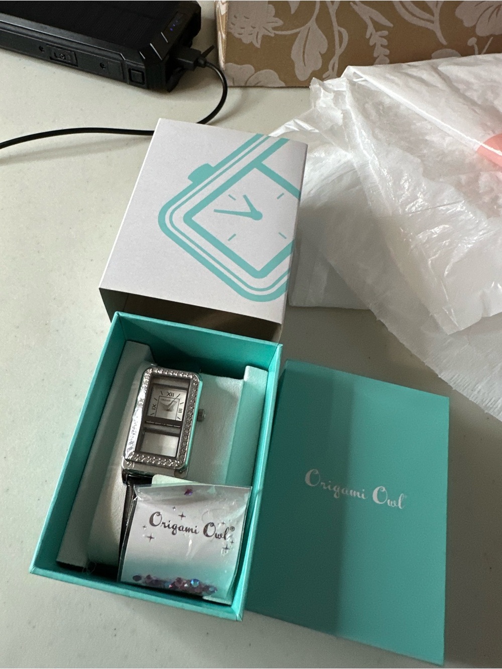 Origami Owl Black Leather Watch with Silver Crystal-Trim Case and Turquoise Box - Picture 3 of 4